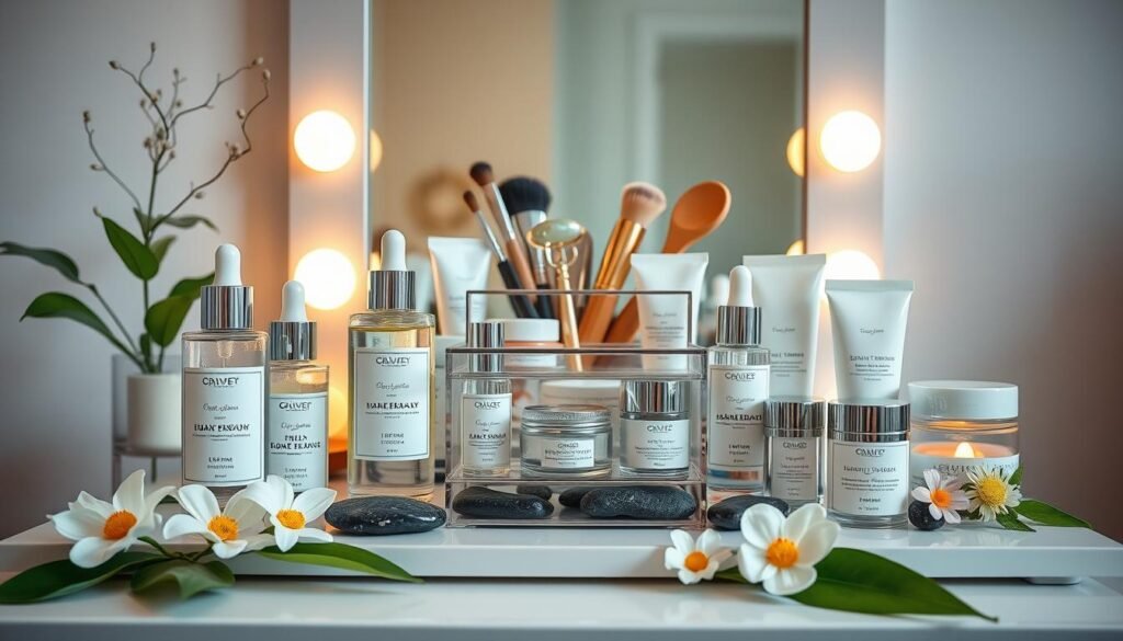 A beautifully arranged display of skincare products, including serums, creams, and face masks, set on a sleek, modern vanity. In the foreground, focus on elegant glass bottles with soft pastel labels, surrounded by fresh flowers and natural elements like stones and green leaves, conveying a sense of purity and luxury. The middle layer showcases an aesthetically pleasing cosmetics organizer, holding various tools such as jade rollers and brushes. In the background, a softly illuminated mirror reflects the serene ambiance, complemented by warm, diffused lighting that enhances the colors of the products. The overall atmosphere is calm and inviting, aiming to evoke feelings of self-care and beauty in a contemporary setting.
