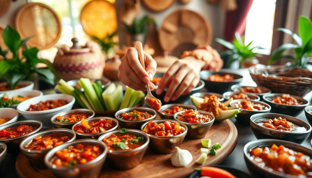 A beautifully arranged table showcasing various Indonesian sambal dishes, highlighting vibrant colors and textures. In the foreground, a wooden serving platter holds multiple small bowls of sambal, each with different ingredients like red chilies, green herbs, and garlic, surrounded by fresh vegetables like cucumber and carrots for dipping. In the middle ground, a pair of hands gently scoops sambal with a spoon, suggesting an inviting and communal dining experience. The background features a softly blurred view of traditional Indonesian decor, such as woven baskets and tropical plants, with warm, natural lighting illuminating the scene. The mood is vibrant and inviting, embodying the essence of enjoying authentic Indonesian flavors.