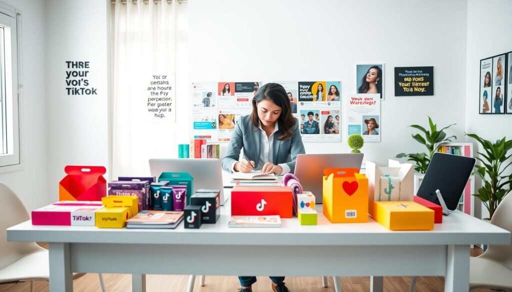 A bright and inviting workspace set up for preparing a TikTok Shop, with a neatly organized table in the foreground displaying vibrant product packages, laptops, and branding materials. In the middle, a focused individual in professional casual attire is shown making notes, surrounded by colorful mock-ups of social media posts and marketing materials on a mood board. In the background, a well-lit room with soft natural light streaming through a window, decorated with motivational quotes and images of successful TikTok posts. The atmosphere feels energetic and creative, reflecting the excitement of starting a new venture in e-commerce. The image captures a sense of readiness and professionalism without texts or distractions.
