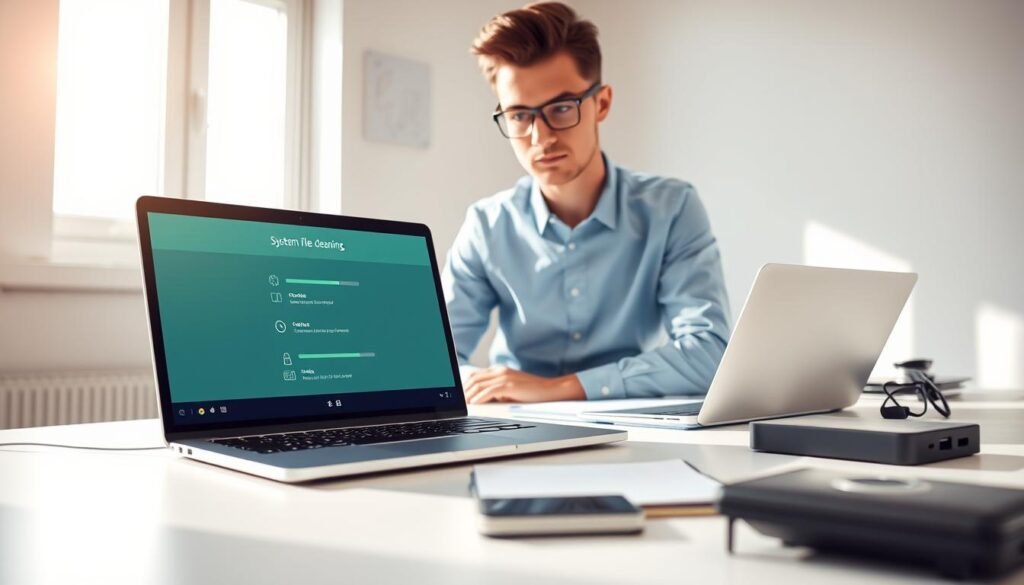 A bright and modern office setting with a sleek laptop open on a clean desk, displaying a digital interface for "system file cleaning," featuring progress bars and files being deleted. In the foreground, a focused young professional in smart casual attire, intently reviewing system optimizations on the screen. The background showcases a window with natural light streaming in, casting soft shadows across the room. Various tech gadgets, like an external hard drive and a notepad, are neatly arranged. The atmosphere is tidy and efficient, emphasizing productivity and maintenance. Use a wide-angle lens to capture the depth of the space, with soft, diffused lighting to create a calm and organized mood.
