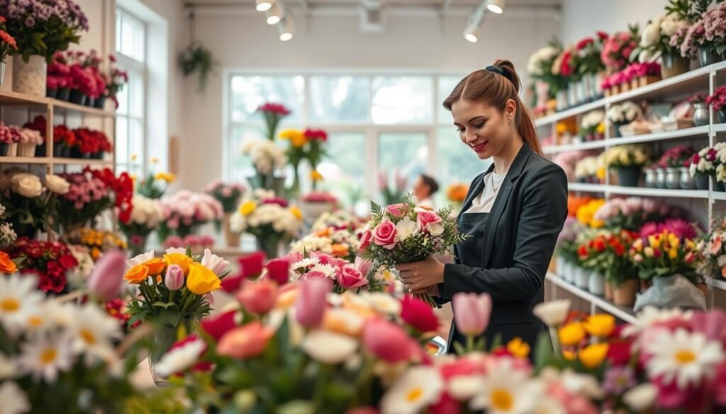 A bustling flower shop interior filled with vibrant, fresh flowers in various arrangements. In the foreground, a neatly organized workspace with a florist skillfully creating a bouquet, dressed in professional business attire. The middle section features well-displayed flower shelves and tools for arranging, along with bright, cheerful colors of blooms like roses, tulips, and daisies. The background showcases a large window allowing natural light to flood in, highlighting the shop's inviting atmosphere. Soft, warm lighting creates a cozy vibe, while a shallow depth of field focuses on the florist and bouquet, conveying a sense of creativity and professionalism in managing a florist business efficiently.
