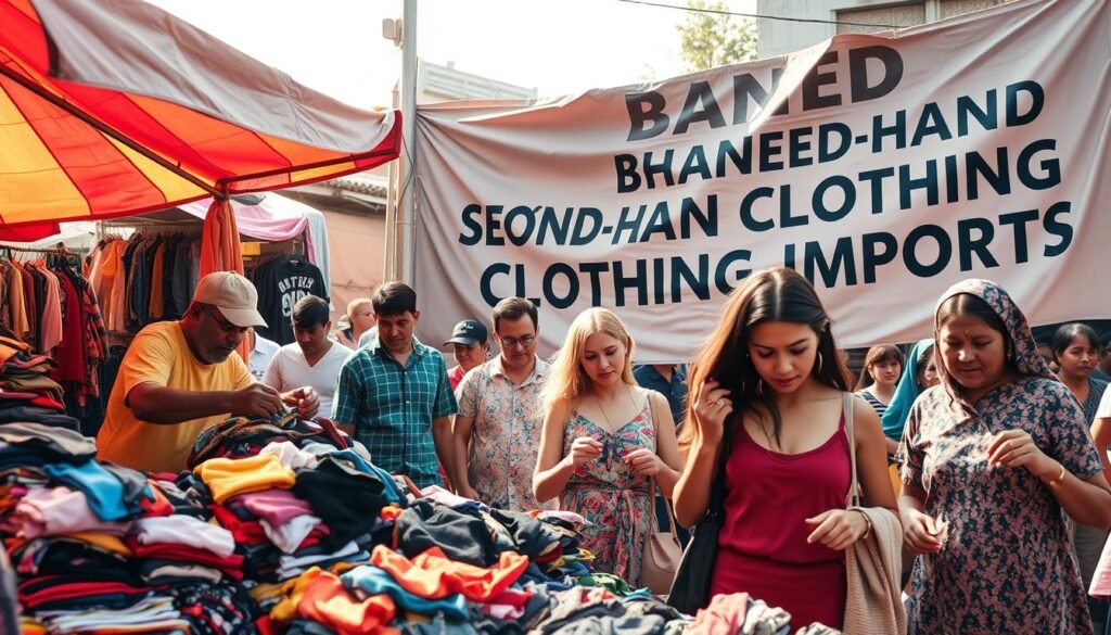 A bustling market scene showing various people engaged in the trade of second-hand clothing, emphasizing the concept of import restrictions. In the foreground, a vendor is sorting through stacks of colorful, used garments under a vibrant canopy. The middle ground features shoppers browsing the clothing with a mix of curiosity and concern about the implications of importing used clothes, with expressions reflecting determination and caution. The background showcases a large banner reading "Banned: Second-Hand Clothing Imports," fluttering in the wind. Soft, natural lighting casts warm tones over the scene, enhancing an atmosphere of reflection and change. The viewpoint is slightly elevated, capturing the entire scene with a focus on the dynamics of community and policy impact.