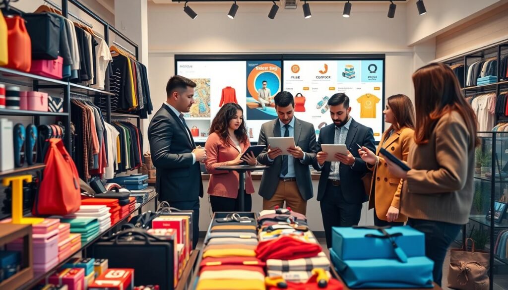 A bustling online store scene that captures effective promotional strategies for e-commerce. In the foreground, a vibrant display of colorful products such as electronics, clothing, and accessories, arranged neatly on stylish shelves. In the middle ground, a group of diverse, professionally dressed individuals—both men and women—are engaged in a discussion, analyzing sales data on laptops and tablets, embodying a collaborative workspace atmosphere. The background features a large digital screen showcasing an engaging online shopping interface, with various promotional banners. Soft, warm lighting casts a welcoming glow, emphasizing a productive environment. The camera angle is slightly elevated, providing a clear view of the dynamic interactions and the attractive product layout. The overall mood is energetic and focused, highlighting success in online sales.