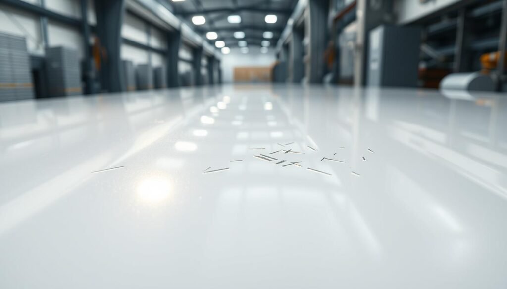 A close-up view of a modern, glossy surface coated with an innovative self-healing layer. The foreground showcases a detailed section of the coating, revealing a smooth, transparent film with a slight sheen reflecting the light. In the middle ground, an array of small scratches and dents on the surface begin to visually mend, illustrating the self-healing properties in action. The background features a sleek industrial setting with soft, diffused lighting that enhances the coating's glossy appearance. The mood is one of advanced technology and resilience, showcasing a cutting-edge approach to surface protection in materials. The overall atmosphere conveys a sense of innovation and durability, ideally suited for showcasing the concept of self-healing coatings.