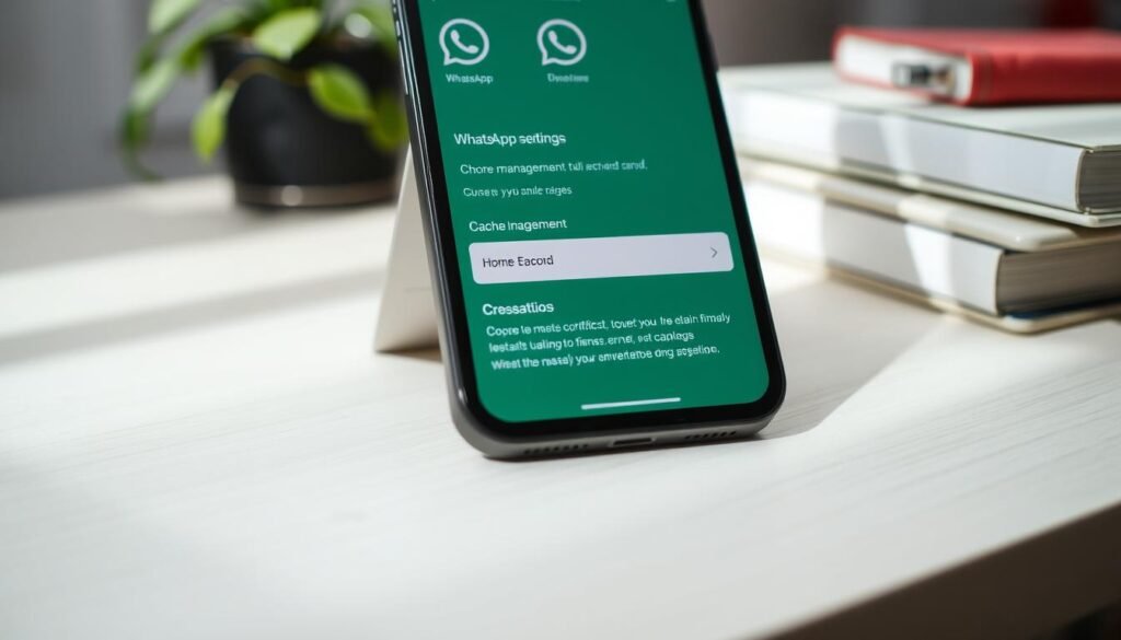 A close-up view of an iPhone screen displaying the WhatsApp settings interface, specifically highlighting the cache management option. The iPhone is placed on a clean, light wooden surface, with a soft, diffused natural light illuminating the scene, creating a calm and organized atmosphere. In the background, there are subtle hints of a cozy home office setting, with blurred greenery from a plant and a neat stack of notebooks, enhancing the feeling of productivity. The angle is slightly tilted to focus on the settings menu, with vibrant colors on the iPhone display contrasting against the neutral background. The overall mood is professional and informative, ideal for a tech article.
