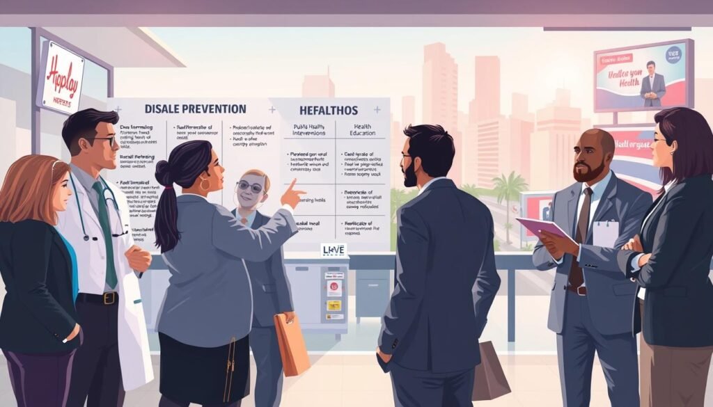 A conceptual illustration depicting the challenges and barriers in disease prevention. In the foreground, a diverse group of professionals in business attire, including a doctor, a researcher, and a public health official, are engaged in discussion, pointing towards a chart with obstacles such as misinformation and accessibility issues. In the middle ground, a hospital setting with medical equipment and health brochures, illustrating various health interventions. The background features a cityscape with elements symbolizing community awareness, like billboards promoting health education. Soft, natural lighting casts a hopeful glow throughout the scene, enhancing a reflective and serious mood, perfectly capturing the complexities of implementing a prevention mindset in society.