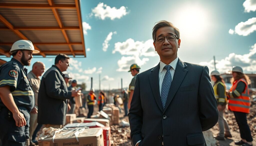 A confident public figure assisting in disaster management, wearing a smartly tailored suit, stands in the foreground, engaging with a diverse group of professionals. The middle ground depicts volunteers and emergency responders working together to distribute essential supplies, emphasizing teamwork and community spirit. In the background, a disaster-affected area showcases a clear sky, sun shining through scattered clouds, symbolizing hope and recovery. The scene is brightly lit, capturing a sense of urgency yet determination. The angle is slightly elevated, giving a panoramic view of the collaboration, with a warm, optimistic atmosphere, highlighting the vital role of public figures in disaster response efforts.