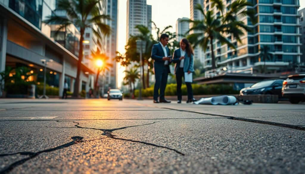 A detailed urban setting in Indonesia showcasing innovative self-healing materials in action. In the foreground, a close-up of a scratched surface on a self-healing concrete pavement, demonstrating its regenerative properties with a subtle glow emanating from the healed area. In the middle ground, engineers in professional attire examining the material while discussing its potential applications, with blueprints and prototypes scattered on a nearby table. The background features a bustling Indonesian city, with modern architecture and lush greenery, illuminated by soft daylight that adds warmth to the scene. The atmosphere is one of creativity and collaboration, capturing the essence of technological advancement and sustainability in materials science.