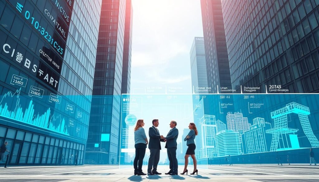 A digital twin cityscape reflecting the history and evolution of digital twin technology. In the foreground, a sleek, modern office building features a semi-transparent overlay showcasing digital data representations, like graphs and 3D models. In the middle ground, a diverse group of professionals in business attire collaborates around a holographic display, analyzing virtual models of urban planning and engineering designs. The background illustrates a timeline of technological advancement, with vivid graphics depicting key milestones in digital twin development—ranging from early computer-aided design to contemporary, AI-driven simulations. Use bright, soft lighting to create an optimistic atmosphere, and capture the scene from a low angle to emphasize the futuristic architecture and digital elements, ensuring a dynamic perspective.