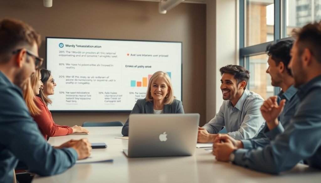 A diverse group of professionals gathered around a modern conference table, engaged in a discussion about their experiences using Wordly, an AI translation tool. In the foreground, a middle-aged woman shares her insights, her laptop open in front of her, displaying a user-friendly interface. Beside her, a young man takes notes, nodding enthusiastically. In the background, a large screen showcases positive user testimonials and graphs representing improved communication. Warm, natural lighting floods the room, creating an inviting atmosphere, while a slight focal blur adds depth, emphasizing the engaged expressions of the users. The overall mood is one of collaboration and innovation, highlighting the impact of advanced translation technology on professional interactions.