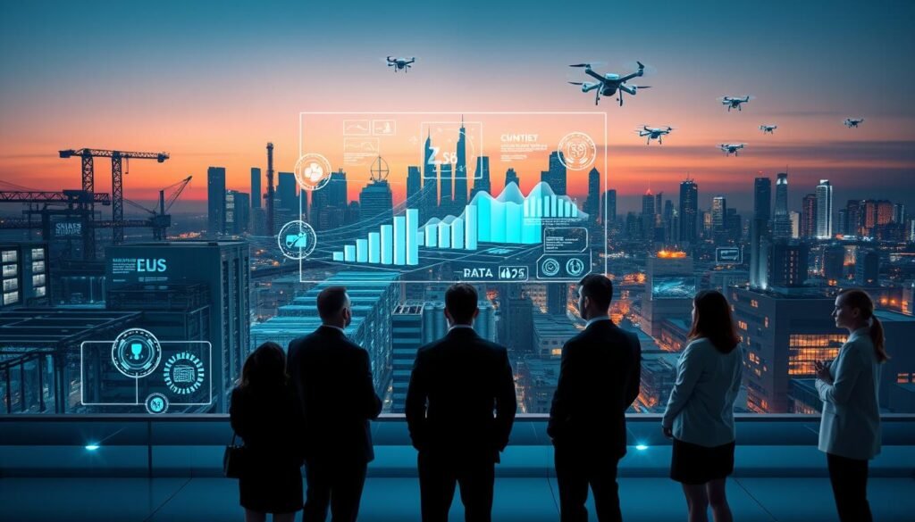 A dynamic, visually striking illustration of digital twin applications across various industries. In the foreground, a diverse team of professionals, dressed in business attire, observes a holographic display showcasing real-time data metrics and 3D models symbolizing manufacturing, healthcare, and smart city infrastructures. In the middle ground, sleek industrial machinery and a smart factory environment blend with medical equipment and urban infrastructure elements, all interconnected through digital networks. The background features a futuristic city skyline at dusk, with illuminated digital interfaces and flying drones. Soft, ambient lighting creates a high-tech atmosphere, highlighting the innovation and efficiency fostered by digital twin technology, captured from a slightly elevated angle to convey depth and dimension.