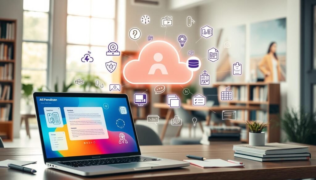 A dynamic workspace showcasing the concept of "Integrasi Alat Penulisan" in modern AI tools. In the foreground, a sleek laptop with a vibrant screen displays an interface of an AI writing assistant, surrounded by digital notes and concept sketches. In the middle, an array of other AI tools like translation software and grammar checkers hover in a cloud-like formation, visually connected by glowing lines representing data flow. The background features a softly lit office environment with shelves of books and a large window letting natural light in, creating a warm and inspiring atmosphere. The composition conveys collaboration and creativity in technology, with a sense of innovation and forward-thinking.