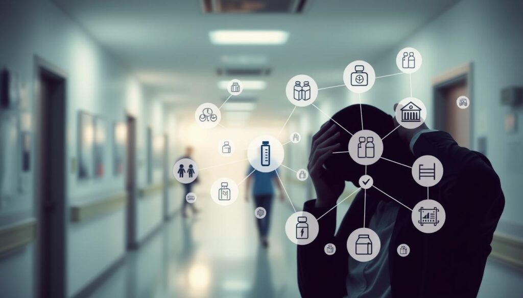 A focused composition depicting the risk factors for vertigo. In the foreground, a silhouette of a person in professional attire, clutching their head in discomfort, symbolizes the experience of vertigo. The middle ground features various icons representing the risk factors, such as hydration levels, medication bottles, and images of loud environments, all intricately arranged to form a network. The background is a blurred hospital setting, with gentle lighting creating a clinical yet calming atmosphere, hinting at medical solutions. Use a wide-angle lens effect to capture the entire composition, imparting a sense of urgency and seriousness. The overall mood is one of awareness and understanding, emphasizing the importance of recognizing these risk factors.