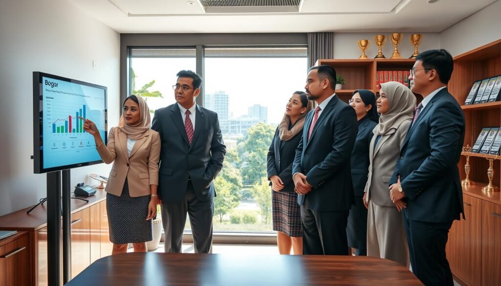 A group of diverse civil servants in business attire standing together in a well-lit government office, showcasing a strong commitment to discipline and professionalism. The foreground features three individuals, one pointing to a chart on a digital screen, while the others attentively listen, reflecting determination and engagement. In the middle, a large window offers a view of Bogor's cityscape, with greenery visible, emphasizing a connection to the community. The background includes bookshelves filled with policy documents and trophies, symbolizing achievement and adherence to rules. The overall mood is serious yet motivating, with bright, natural lighting casting soft shadows, highlighting the focus on discipline and commitment in public service.