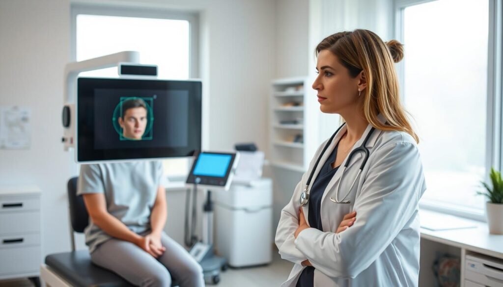 A medical professional in a modern clinic setting, focused on diagnosing vertigo. In the foreground, a female doctor in a white lab coat examines a patient sitting on an examination table, showcasing a concerned yet professional demeanor. The patient, a young adult in modest casual clothing, appears slightly anxious. In the middle ground, a state-of-the-art medical diagnostic device, like a vestibular system testing apparatus, is visible, surrounded by medical charts and equipment. The background features a bright and airy clinic with soft, natural lighting filtering through large windows, creating a calm atmosphere. The overall mood is one of professionalism and care, emphasizing the medical steps taken to diagnose vertigo.