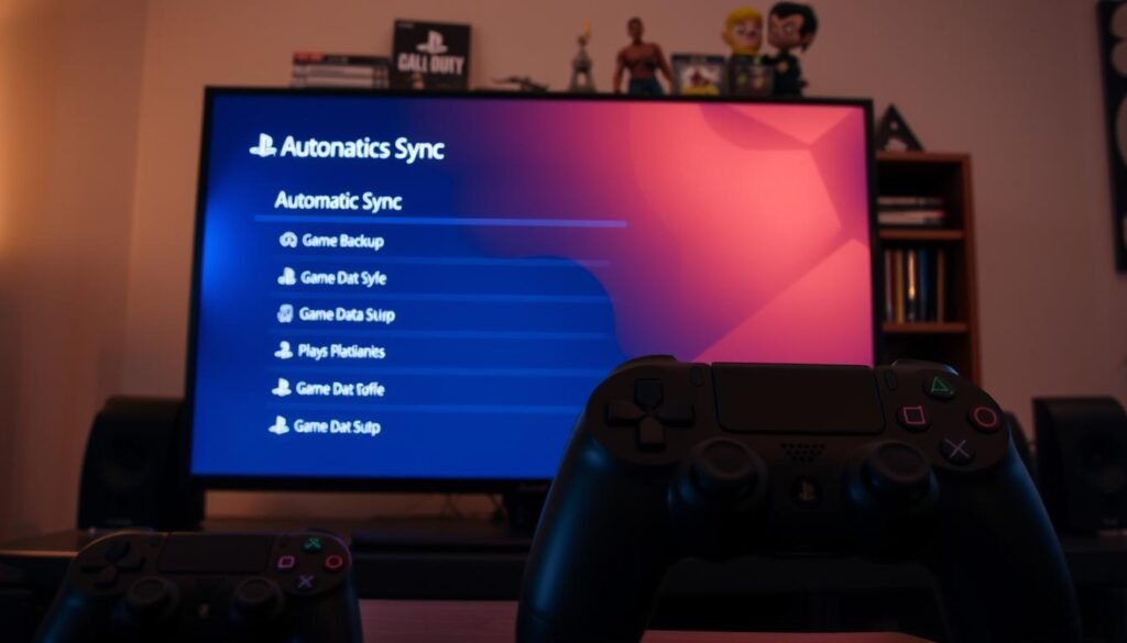 A modern PlayStation console interface displayed prominently in the foreground, showcasing the "Automatic Sync Settings" menu. Detailed visual elements include a clear view of the dual shock controller beside the console, emphasizing user interaction. The middle layer reveals a cozy gaming setup, with a sleek TV displaying game data backup options, lit softly with ambient LED lighting. In the background, a well-organized gaming shelf features various game cases and collectibles, creating a warm, inviting atmosphere. The image is captured from a slightly elevated angle, emphasizing the screen and controller, with a focus on clarity and detail. The overall mood is tech-savvy and user-friendly, illustrating an easy setup for automatic game data backup in an engaging and accessible manner.