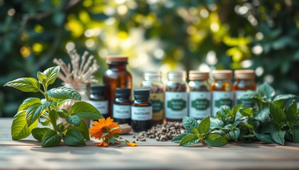 A picturesque arrangement of various medicinal plants on a wooden table, emphasizing their natural beauty and therapeutic properties. In the foreground, display a fresh green basil plant, a vibrant calendula flower, and a few sprigs of mint. In the middle ground, include neatly labeled jars of dried herbs and essential oils, arranged artistically to evoke a sense of holistic wellness. The background features a softly blurred garden scene with sunlight streaming through lush foliage, creating dappled light patterns. The overall atmosphere is serene and inviting, capturing the essence of natural healing. Use soft, natural lighting to enhance the colors and textures of the plants, aiming for a warm, comforting feeling that inspires trust in natural remedies.