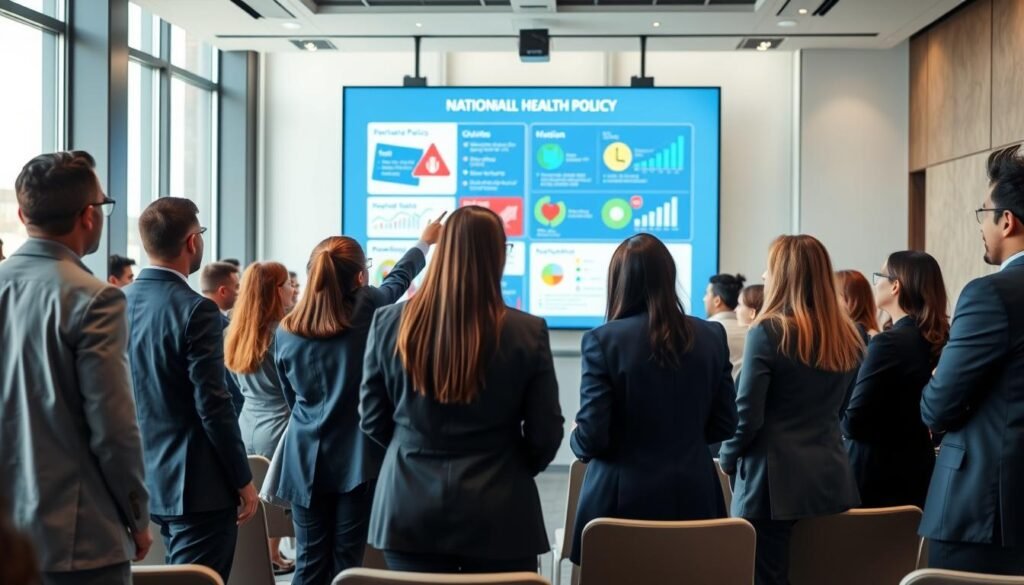 A professional conference setting focused on national health policy for disease prevention. In the foreground, a diverse group of healthcare professionals in business attire, engaged in a discussion, with one person pointing towards a digital presentation displaying health statistics and prevention strategies. The middle ground features a large screen with visual infographics illustrating key health policies and preventative measures. In the background, a modern conference room with large windows letting in soft, natural light, adding a productive atmosphere. The angle is slightly elevated, capturing the energy of the meeting. The mood is collaborative and optimistic, highlighting the importance of teamwork in health policy development for nationwide disease prevention.