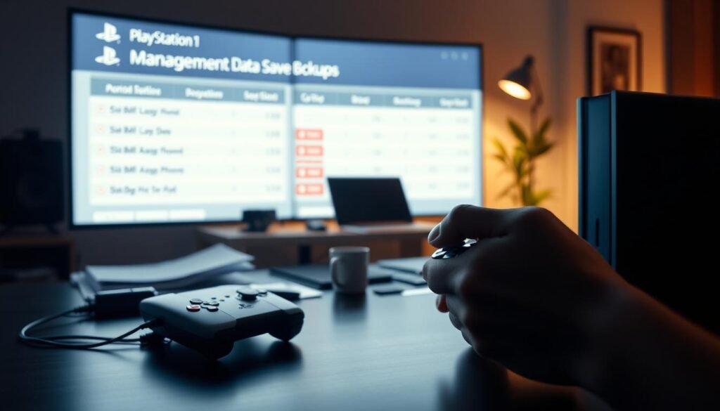 A serene and focused workspace, featuring a modern PlayStation console connected to a large LED screen displaying a management data interface for game save backups. In the foreground, a pair of hands are interacting with a sleek controller, emphasizing manual control. The middle ground showcases a stylish desk cluttered with paperwork, a laptop, and a coffee mug, indicating a blend of gaming and professional duties. In the background, soft ambient lighting creates a calm atmosphere, highlighting the technology's sleek design. The setting is designed to convey a balance between gaming and productivity, with a depth of field that emphasizes the controller and screen. The overall mood is one of concentration and subtle excitement.