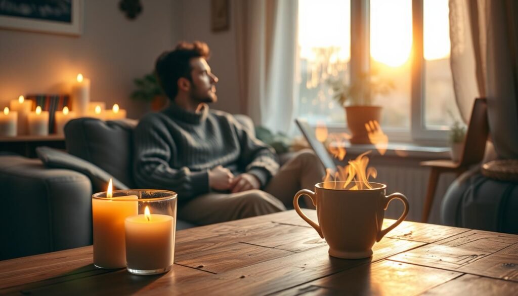A serene scene depicting a person sitting on a comfortable couch in a cozy, softly lit room, surrounded by gently flickering candles. The individual, dressed in a cozy sweater, gazes thoughtfully out of a window, watching gentle raindrops slide down the glass, creating a feeling of introspection and healing. In the foreground, a steaming cup of herbal tea rests on a rustic wooden table, adding warmth to the atmosphere. The middle ground features a bookshelf filled with colorful albums and plants. The background captures the soft glow of sunset through the window, casting a golden hue that enhances the mood of calmness and emotional healing. The lighting is warm and inviting, evoking a peaceful, healing ambiance.