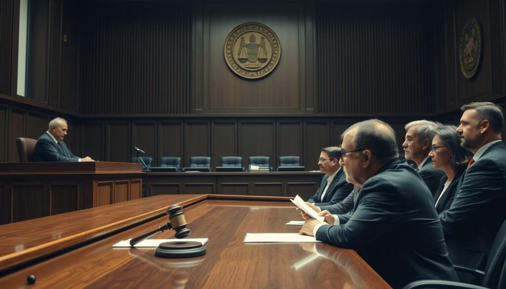 A serious courtroom scene depicting the legal process concerning the dismissal of civil servants, with a focus on an official judge sitting at the bench, wearing a black robe. In the foreground, a group of individuals in professional attire, including men and women in suits, engage in a discussion, looking concerned and serious. The middle ground features a large wooden desk with legal documents and a gavel, symbolizing the law, while the background showcases hanging law books and a court insignia, dimly lit to enhance the somber mood. Natural light filters through tall windows, casting a soft glow, creating an atmosphere of gravity and solemnity. The overall composition emphasizes the importance of legal compliance and accountability in the civil service.