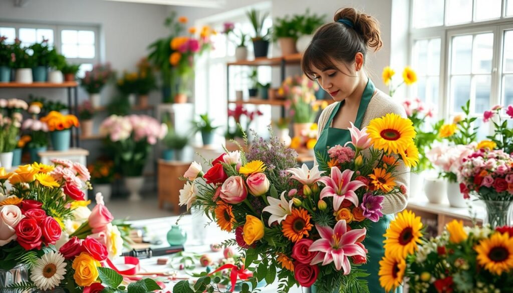 A skilled florist is arranging a vibrant bouquet of fresh flowers in a well-lit workshop. In the foreground, the florist, a woman in a green apron and modest clothing, is focused on selecting colorful blooms like roses, lilies, and sunflowers. The middle ground features a worktable scattered with floral tools, ribbons, and green foliage. The background displays shelves filled with various flower arrangements and plants, bathed in natural sunlight filtering through large windows, creating a warm and inviting atmosphere. The scene is bright and cheerful, capturing the artistry and preparation involved in the flower arranging process, illustrating the essential skills needed for starting a florist business.