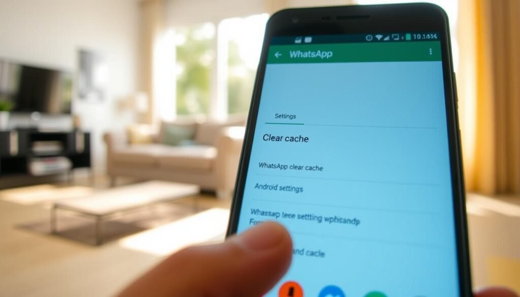 A smartphone displaying the WhatsApp application interface, focusing on the settings menu that highlights the option to clear cache. In the foreground, a close-up view of the device screen shows vibrant colors and icons, with a subtle finger tap gesture indicating user interaction. In the middle ground, a neatly organized Android settings layout is visible, showcasing intuitive design elements. The background features a soft, blurred living room setting with natural sunlight streaming in, creating a warm and inviting atmosphere. The lighting is bright yet soft, capturing attention on the smartphone. The overall mood is informative and user-friendly, emphasizing ease of use for clearing cache on Android devices.