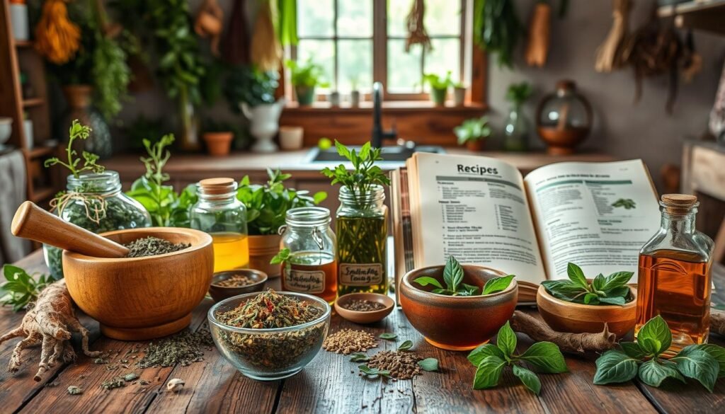 A traditional herbal remedy setup, featuring a wooden table adorned with various vibrant medicinal plants, roots, and herbs. In the foreground, a mortar and pestle with freshly ground herbs, alongside delicate glass jars filled with tinctures and oils, showcasing natural textures and colors. In the middle ground, an open recipe book illustrating traditional herbal preparation methods, and small bowls of freshly picked leaves. The background features a softly lit, rustic kitchen with hanging bundles of dried herbs and a window allowing natural light to flood the scene, creating a warm and inviting atmosphere. The mood is serene and educational, reflecting the wisdom of ancestral knowledge in natural healing.