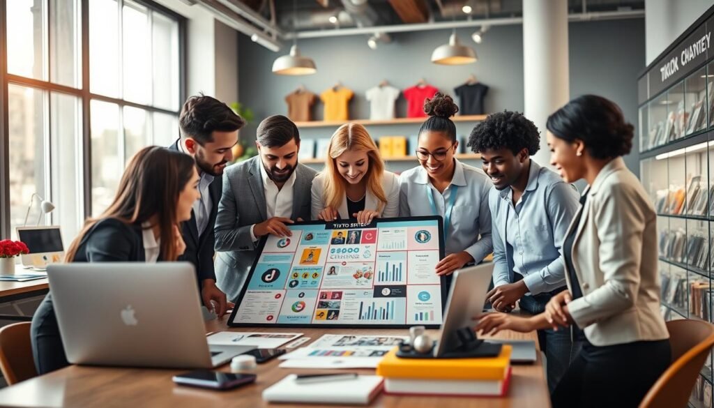 A vibrant and dynamic TikTok Shop scene showcasing a contemporary digital marketing strategy for increasing sales. In the foreground, a diverse group of professionals, dressed in smart business casual attire, actively brainstorming and collaborating over a colorful strategy board filled with social media icons and product images. The middle ground features a sleek, modern workspace with laptops displaying TikTok and analytics charts, creating a sense of innovation. The background is filled with subtle elements like branded merchandise and soft lighting, creating a warm and inviting atmosphere. Bright natural light from large windows casts a soft glow, enhancing a sense of creativity and teamwork, making it feel energetic and inspiring.