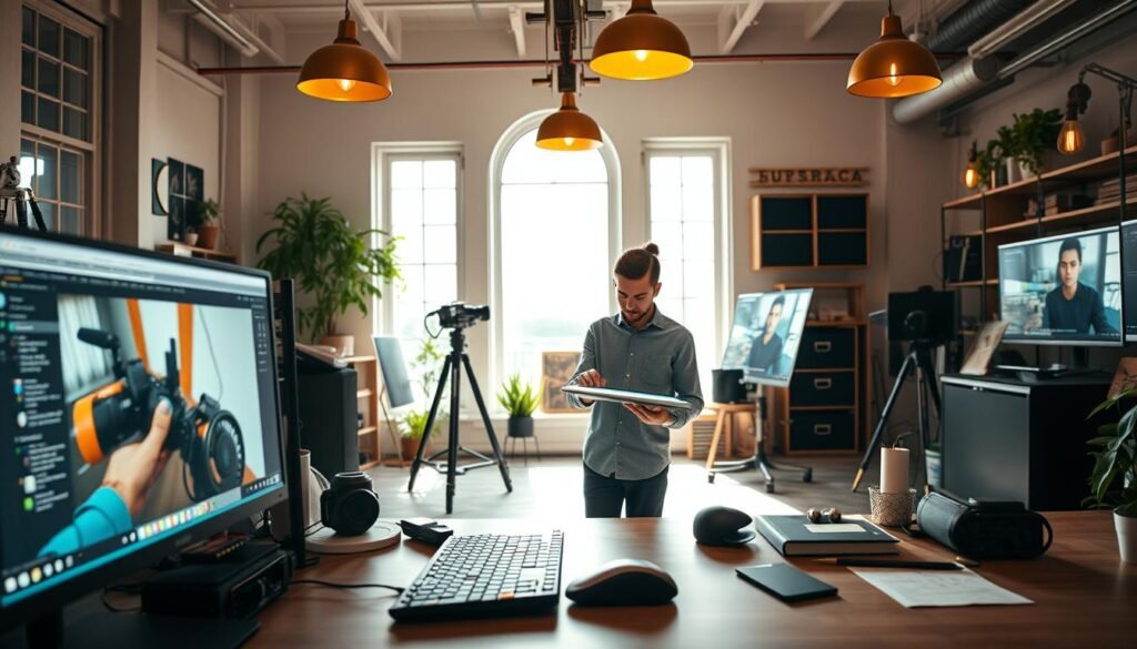 A vibrant and dynamic workspace showcasing the NVIDIA Studio Ecosystem, with a sleek, modern desktop setup in the foreground featuring high-end GPUs and creative software on dual 4K monitors. In the middle ground, a professional content creator, dressed in smart casual attire, diligently working on a digital art project using a graphics tablet, surrounded by tools like a high-resolution camera and artistic materials. The background is an inspiring studio filled with natural light streaming through large windows, illuminated by warm pendant lights, creating a cozy yet professional atmosphere. The overall mood conveys creativity, innovation, and passion for content creation, emphasizing the seamless integration of cutting-edge technology in the creative process.