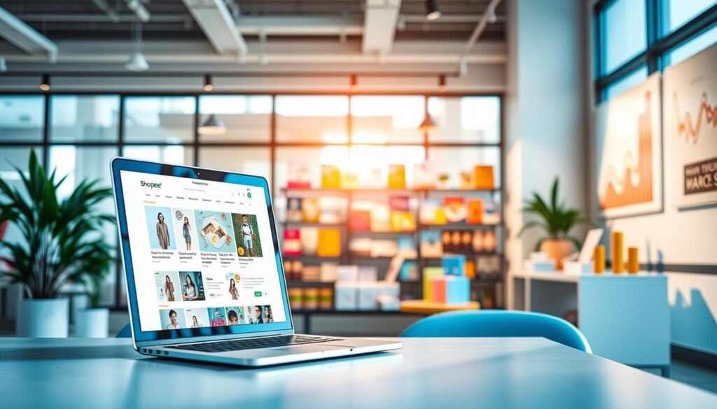 A vibrant and engaging scene depicting ways to enhance product visibility in an online marketplace like Shopee. In the foreground, display a well-lit, appealing workspace with a laptop open to an engaging product listing, showcasing clear images and user-friendly design. In the middle ground, include colorful product displays, such as attractive packaging and promotional materials, suggesting different marketing strategies. The background features a bright, modern office environment with light streaming through large windows, creating a welcoming atmosphere. Use soft, diffused lighting to evoke a productive mood. Incorporate subtle elements like graphs or charts on a nearby wall, indicating growth and success. No text or logos should be present. The overall tone should be professional and inspiring.