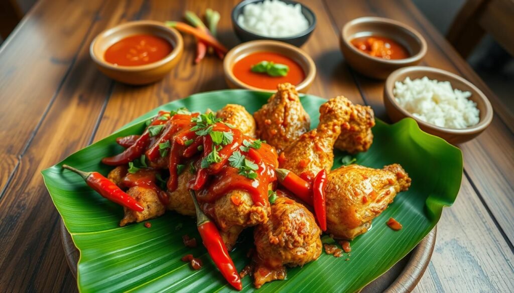 A vibrant and mouth-watering scene featuring a plate of ayam geprek, spicy smashed fried chicken topped with a generous serving of chili sauce, alongside crispy chicken wings, all arranged on a traditional Indonesian banana leaf. The foreground includes a close-up of the dishes, with succulent textures and vibrant colors of red chilies and bright greens contrasting beautifully with the golden-brown chicken. In the middle background, a rustic wooden table is adorned with small bowls of fresh sambal and rice, enhancing the culinary experience. Soft, warm lighting creates an inviting atmosphere, simulating a cozy dining setting. The angle is slightly overhead to capture the essence of this beloved Indonesian dish, evoking a sense of comfort and indulgence.