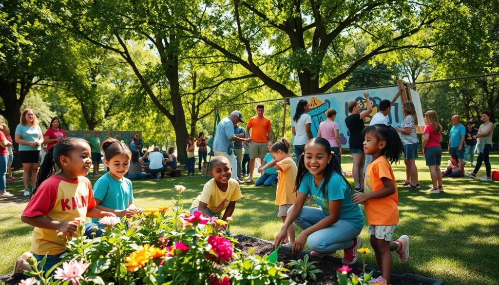 A vibrant community volunteer event set in a sunny park, capturing a diverse group of children and adults engaged in various activities. In the foreground, a group of children, dressed in colorful t-shirts, are planting flowers in a community garden, smiling and sharing tools. In the middle, volunteers of different ages and backgrounds are painting a mural on a fence, showcasing creativity and teamwork. The background features lush green trees and families enjoying a picnic on the grass, creating a lively atmosphere. Natural sunlight filters through the leaves, casting warm highlights on the scene. The overall mood is cheerful and uplifting, reflecting a sense of community engagement and support. The image is shot from a slight elevation to capture the depth of activities and the excitement of the day.