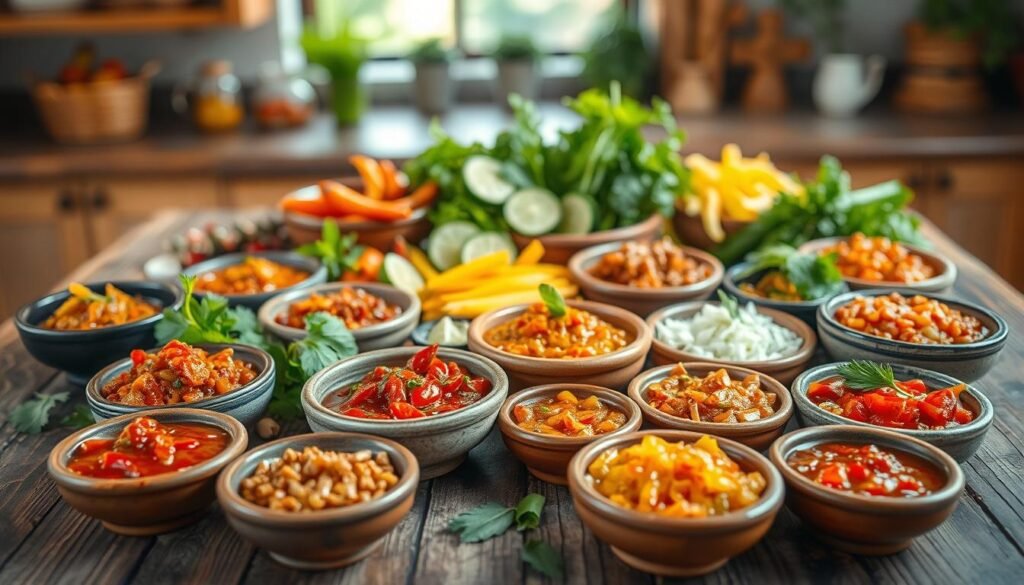A vibrant display of various Indonesian sambals arranged artistically on a rustic wooden table. In the foreground, a colorful assortment of sambal types, such as sambal terasi, sambal bawang, and sambal matah, presented in small traditional ceramic bowls. Each sambal has its distinctive texture and color, with fresh ingredients like chilies, garlic, and lime scattered around. In the middle ground, an array of fresh herbs and vegetables, including cucumber slices and lime wedges, add vibrancy. The background features a softly blurred kitchen setting with natural lighting, creating a warm and inviting atmosphere. The lens should capture a close-up perspective, emphasizing the rich textures and colors of the sambals, evoking a sense of culinary delight and authenticity.