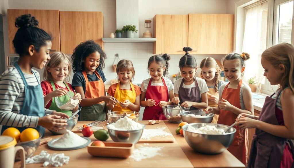 A vibrant kitchen scene featuring children and teenagers engaged in cooking and baking activities. In the foreground, a diverse group of kids, dressed in colorful aprons and modest casual clothing, is gathered around a kitchen island, joyfully mixing ingredients in bowls. In the middle ground, various baking tools, flour, fruits, and kitchen appliances are neatly organized, showcasing a creative cooking atmosphere. The background shows a bright, sunlit kitchen with warm wooden cabinets and cheerful decorations, emphasizing a sense of home and community. Soft, natural lighting illuminates the scene, creating an inviting and friendly ambiance. Capture the excitement and teamwork involved in cooking together, evoking a sense of fun and creativity.