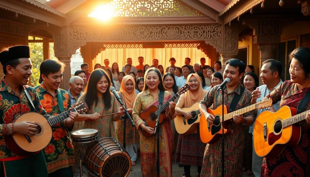 A vibrant scene depicting modern regional music in Indonesia. In the foreground, a diverse group of musicians, dressed in colorful traditional attire blended with contemporary styles, passionately play traditional instruments like the angklung and gamelan, alongside modern guitars and drums. The middle background features a lively audience enjoying the performance, with expressions of joy and engagement. The setting is enriched by traditional Indonesian architectural elements, such as a wooden pavilion adorned with intricate carvings. Warm, soft lighting illuminates the scene, creating a welcoming and celebratory atmosphere, with the golden hour sun casting a gentle glow. The image captures a harmonious fusion of cultural roots and modern influences, evoking a sense of community and musical evolution.
