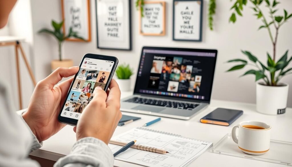 A visually appealing Instagram profile optimization scene, featuring a person seated at a modern desk, reviewing their smartphone and laptop. The foreground shows a close-up of the user's hand selecting aesthetic images on a stylish Instagram profile layout, displaying a cohesive color scheme and engaging content. In the middle ground, the desk has organized stationery, a notepad with sketches of potential posts, and a cup of coffee. The background features a well-decorated wall with framed inspirational quotes and greenery, creating a vibrant atmosphere. Use soft, natural lighting to evoke a warm and inviting mood, captured in a slightly elevated angle to showcase both the user and the thoughtfully arranged workspace, enhancing the focus on Instagram profile optimization.