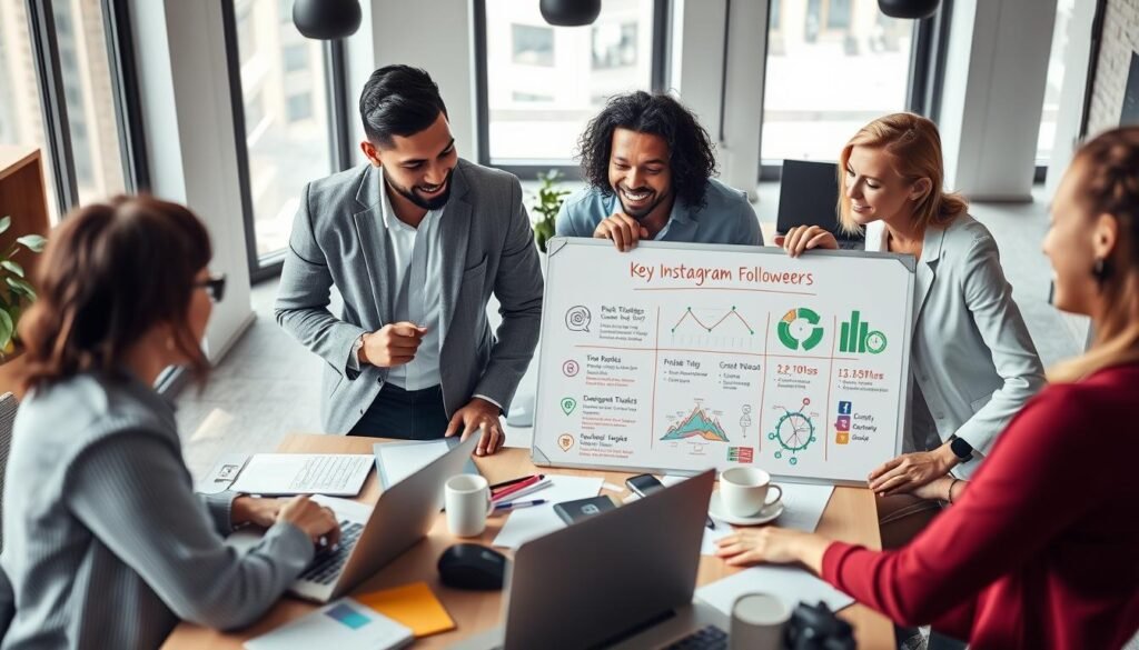 A visually engaging workspace scene depicting social media strategies for increasing Instagram followers. In the foreground, a diverse group of three professionals, a Black woman, a Hispanic man, and a Caucasian woman, are collaborating at a table filled with marketing materials, laptops, and coffee cups. They are dressed in business casual attire, actively discussing ideas. The middle ground features a whiteboard showcasing key Instagram growth strategies, illustrated with colorful charts and diagrams. The background presents a modern office with large windows allowing bright, natural light to flood the space, creating an inspiring and dynamic mood. The angle is slightly overhead, providing a comprehensive view of the group and their collaborative efforts. Overall, the atmosphere is focused, innovative, and energetic, perfect for illustrating fundamental strategies in social media growth.