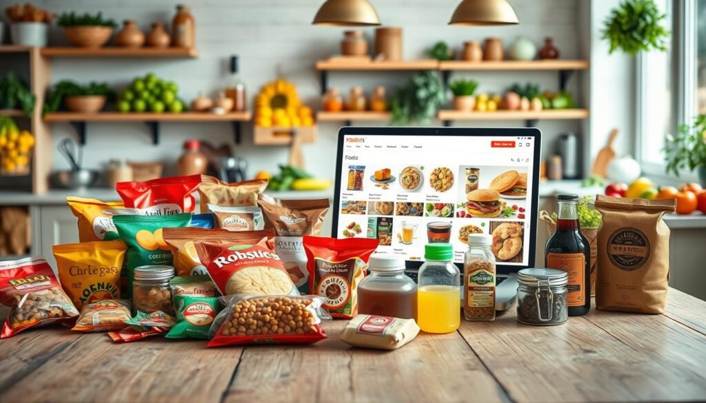 An inviting and vibrant online marketplace scene showcasing a variety of popular food and drink products. In the foreground, an array of colorful packaged snacks, beverages, and gourmet items displayed attractively on a rustic wooden table. The middle ground features a laptop open to an online shopping site, displaying an appealing layout of tasty products with clear photography. In the background, a bright, well-lit kitchen filled with fresh ingredients like fruits and vegetables, creating a warm and homely atmosphere. Soft, natural lighting enhances the freshness of the products, with a shallow depth of field focusing on the foreground items. The overall mood is cheerful and enticing, inviting customers to explore online shopping for delicious food and drinks.