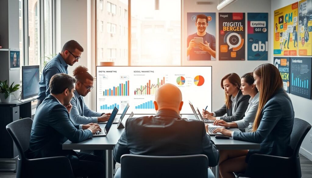 A bustling office environment showcasing the importance of digital marketing for businesses. In the foreground, a diverse group of professionals in smart business attire collaborate around a large table, analyzing data on laptops and tablets. The middle ground features charts and graphs on a digital display, illustrating the impact of digital marketing strategies, such as social media engagement and search engine optimization. Bright, natural lighting streams in from large windows, highlighting the energetic atmosphere of innovation and teamwork. In the background, colorful posters showcasing digital marketing concepts decorate the walls, creating a dynamic workspace. The overall mood is focused, optimistic, and forward-thinking, emphasizing the critical role of digital marketing in modern business success. A bustling office environment showcasing the importance of digital marketing for businesses. In the foreground, a diverse group of professionals in smart business attire collaborate around a large table, analyzing data on laptops and tablets. The middle ground features charts and graphs on a digital display, illustrating the impact of digital marketing strategies, such as social media engagement and search engine optimization. Bright, natural lighting streams in from large windows, highlighting the energetic atmosphere of innovation and teamwork. In the background, colorful posters showcasing digital marketing concepts decorate the walls, creating a dynamic workspace. The overall mood is focused, optimistic, and forward-thinking, emphasizing the critical role of digital marketing in modern business success.