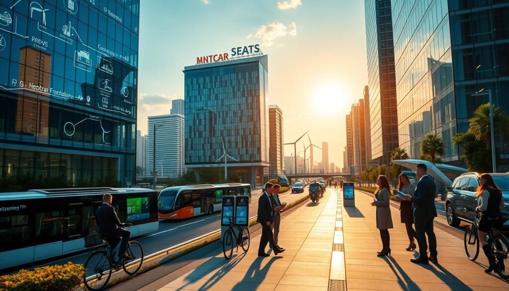 A futuristic smart city landscape showcasing the six key pillars of smart city development. In the foreground, sleek, modern buildings with glass facades that reflect digital screens and greenery. The middle ground features innovative transport solutions like electric buses and bicycles, along with interconnected kiosks displaying real-time data. The background depicts a skyline dotted with wind turbines and solar panels. Bright, warm lighting cascades from a late afternoon sun, casting long shadows and creating a vibrant atmosphere. Include a diverse group of professionals in business attire interacting with technology, such as tablets and smart devices, emphasizing collaboration and innovation. A wide-angle view captures this dynamic setting, instilling a sense of progress and community. A futuristic smart city landscape showcasing the six key pillars of smart city development. In the foreground, sleek, modern buildings with glass facades that reflect digital screens and greenery. The middle ground features innovative transport solutions like electric buses and bicycles, along with interconnected kiosks displaying real-time data. The background depicts a skyline dotted with wind turbines and solar panels. Bright, warm lighting cascades from a late afternoon sun, casting long shadows and creating a vibrant atmosphere. Include a diverse group of professionals in business attire interacting with technology, such as tablets and smart devices, emphasizing collaboration and innovation. A wide-angle view captures this dynamic setting, instilling a sense of progress and community.