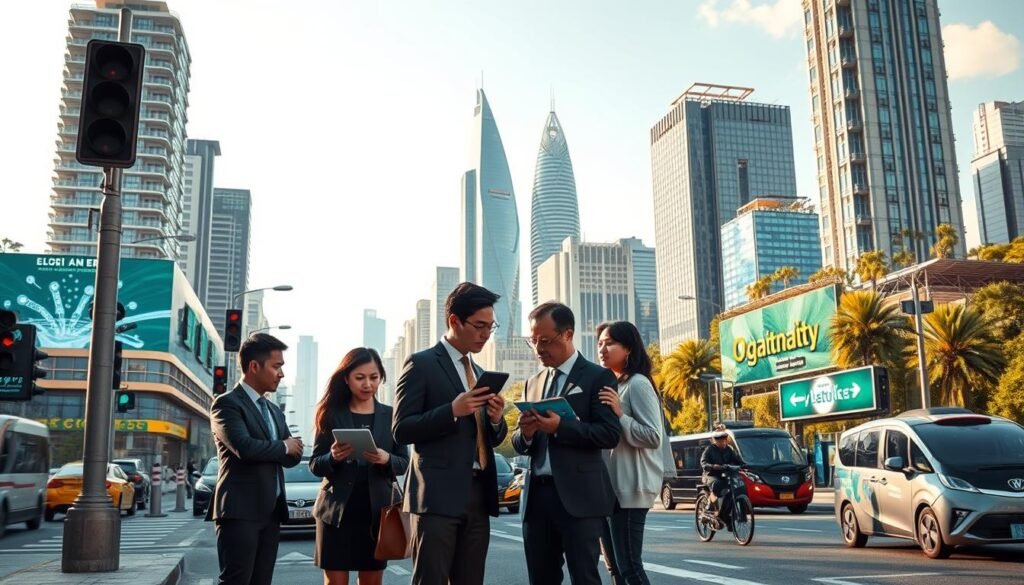 A futuristic urban landscape depicting the challenges of implementing a smart city in Indonesia. In the foreground, a diverse group of professionals in business attire engages in discussions while examining digital tablets and smart devices. The middle ground features a busy street with advanced technology such as smart traffic lights, electric vehicles, and interactive digital billboards promoting sustainability. The background reveals a skyline of modern skyscrapers integrated with green spaces and solar panels, under a bright, clear sky. The scene is illuminated by warm daylight, casting soft shadows that enhance the depth of the urban environment. The mood is optimistic yet focused, illustrating the balance between technological advancement and societal needs in a thriving smart city. A futuristic urban landscape depicting the challenges of implementing a smart city in Indonesia. In the foreground, a diverse group of professionals in business attire engages in discussions while examining digital tablets and smart devices. The middle ground features a busy street with advanced technology such as smart traffic lights, electric vehicles, and interactive digital billboards promoting sustainability. The background reveals a skyline of modern skyscrapers integrated with green spaces and solar panels, under a bright, clear sky. The scene is illuminated by warm daylight, casting soft shadows that enhance the depth of the urban environment. The mood is optimistic yet focused, illustrating the balance between technological advancement and societal needs in a thriving smart city.