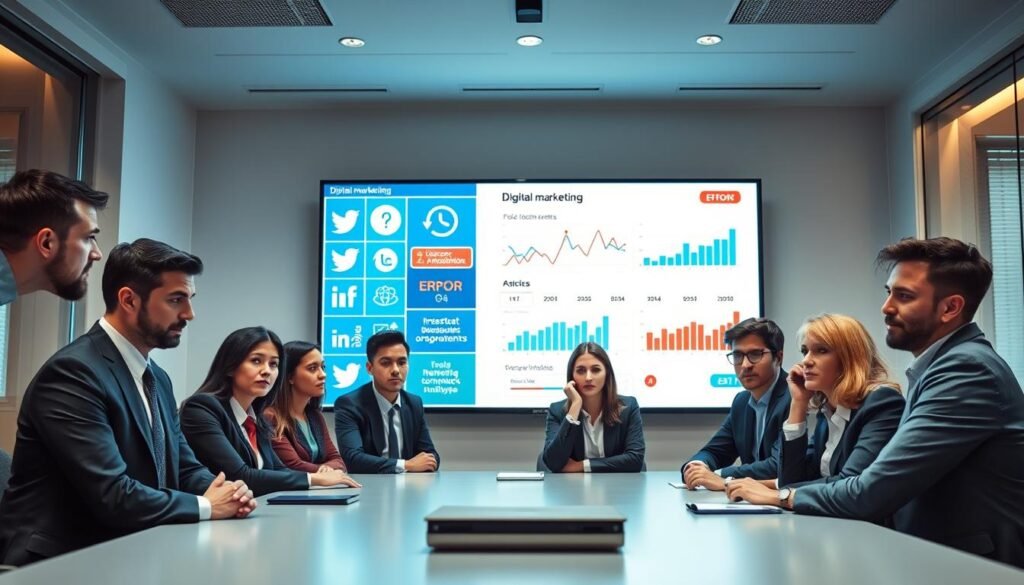 A visually engaging and informative scene depicting common digital marketing mistakes. In the foreground, a diverse group of business professionals in smart, professional attire are gathered around a conference table, looking puzzled as they review a large presentation displaying various digital marketing metrics. Their expressions reflect concern and confusion. In the middle background, a digital screen showcases social media icons and analytics graphs, with red warning symbols highlighting errors. The background features a modern office setting with soft lighting to create a productive atmosphere. Use a slightly elevated angle to capture the interactions from above, emphasizing the collaborative effort in addressing these issues. The mood should convey a sense of urgency and the importance of learning from these mistakes. A visually engaging and informative scene depicting common digital marketing mistakes. In the foreground, a diverse group of business professionals in smart, professional attire are gathered around a conference table, looking puzzled as they review a large presentation displaying various digital marketing metrics. Their expressions reflect concern and confusion. In the middle background, a digital screen showcases social media icons and analytics graphs, with red warning symbols highlighting errors. The background features a modern office setting with soft lighting to create a productive atmosphere. Use a slightly elevated angle to capture the interactions from above, emphasizing the collaborative effort in addressing these issues. The mood should convey a sense of urgency and the importance of learning from these mistakes.